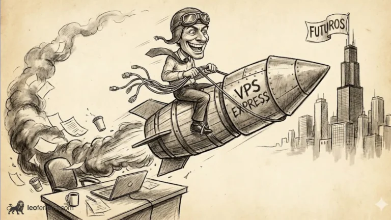 A imagem mostra um trader montado em um foguete representando um VPS.