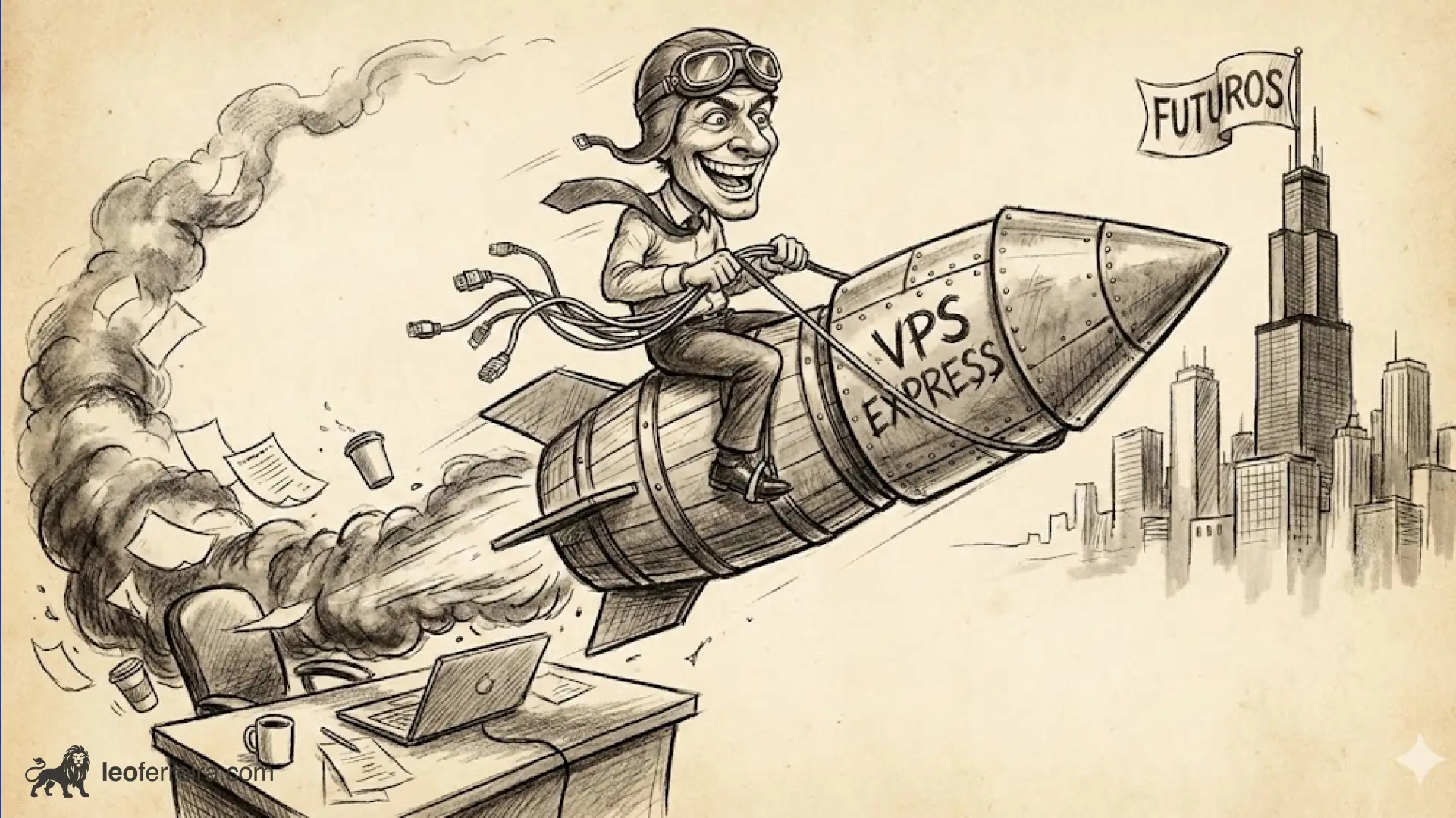 A imagem mostra um trader montado em um foguete representando um VPS.